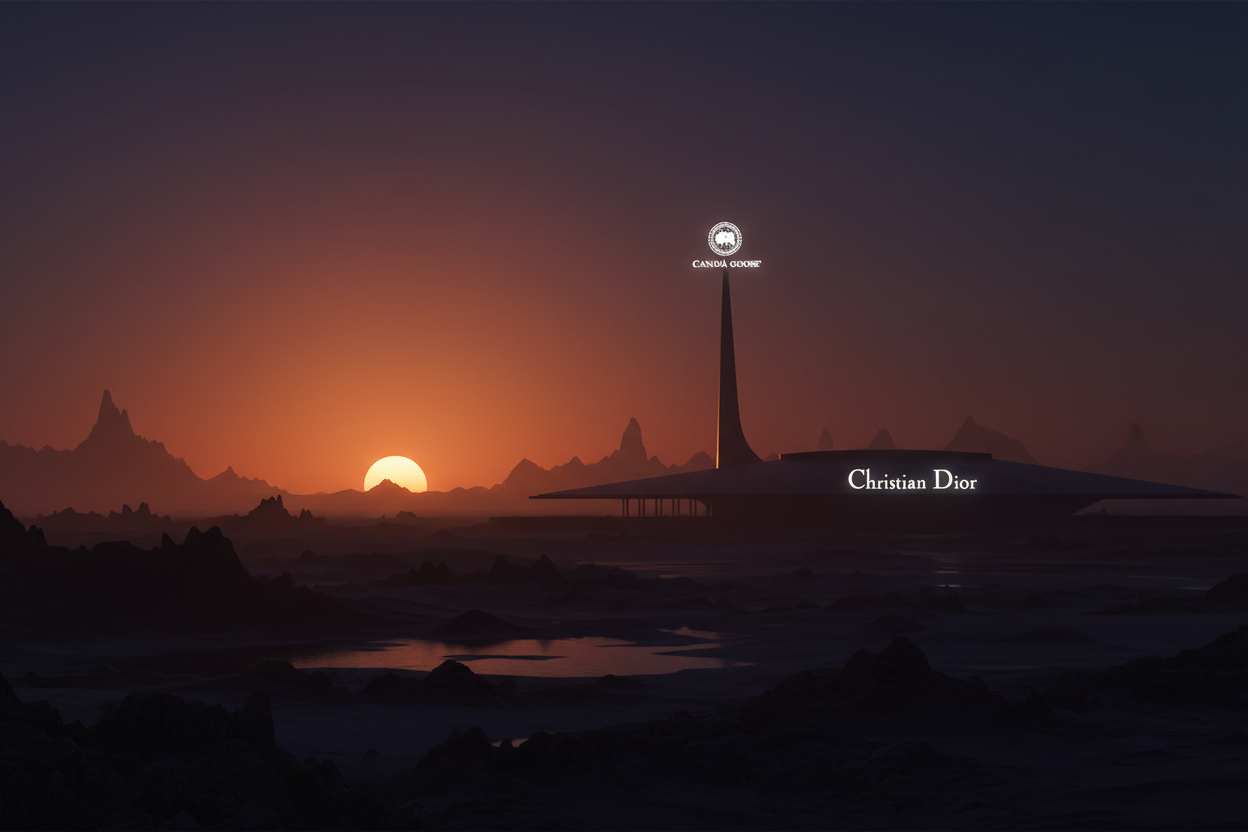 sleek darksunset wiht a canada goose and a christian dior logo in the distance 
